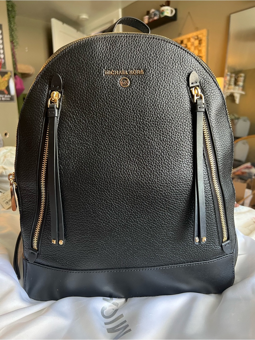 Michael Kors Black Pebbled Leather Daypack with Gold Hardware